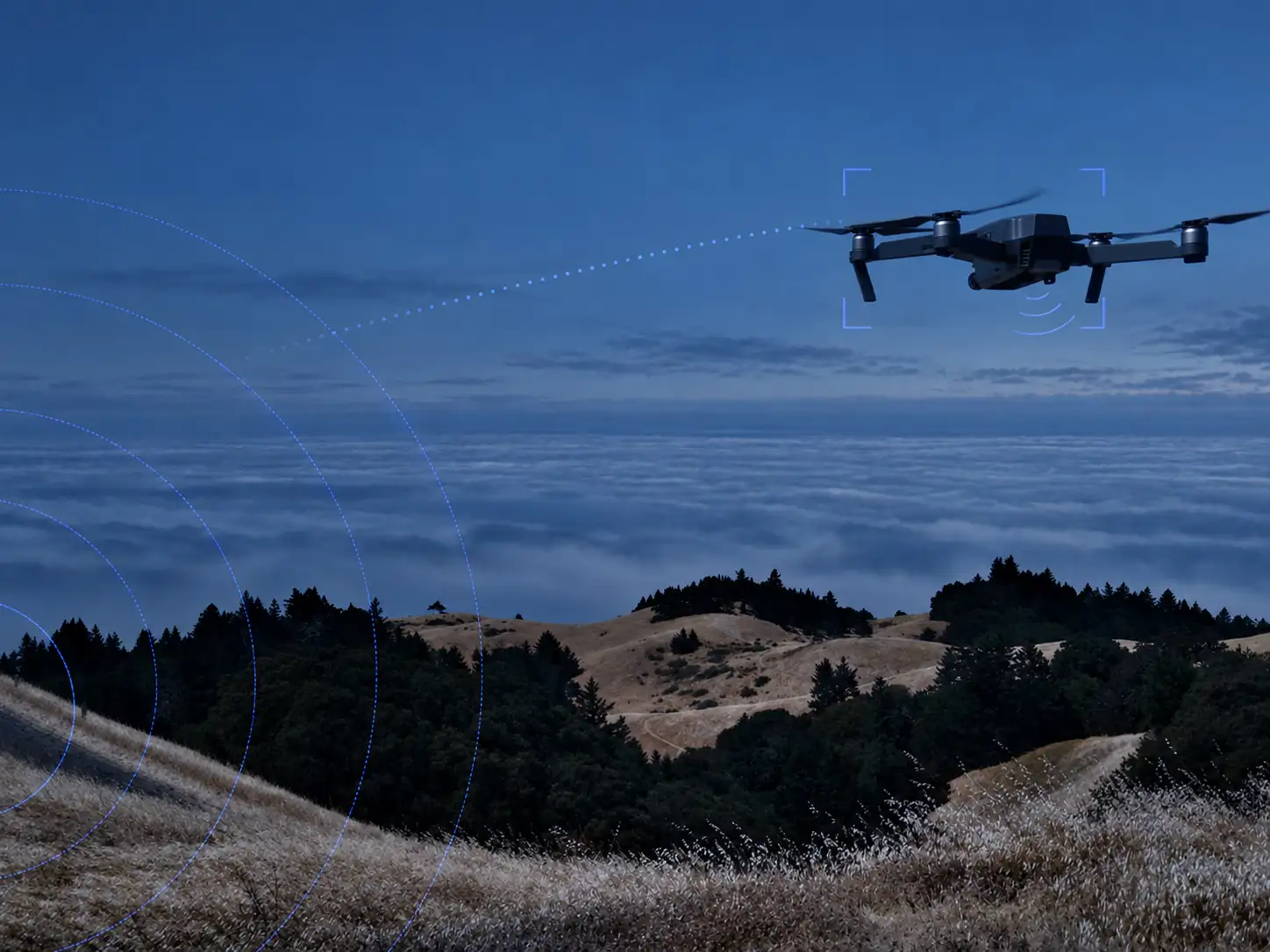 A drone over fog at dusk, boxed by a tracking bracket with radar range rings and its predicted path