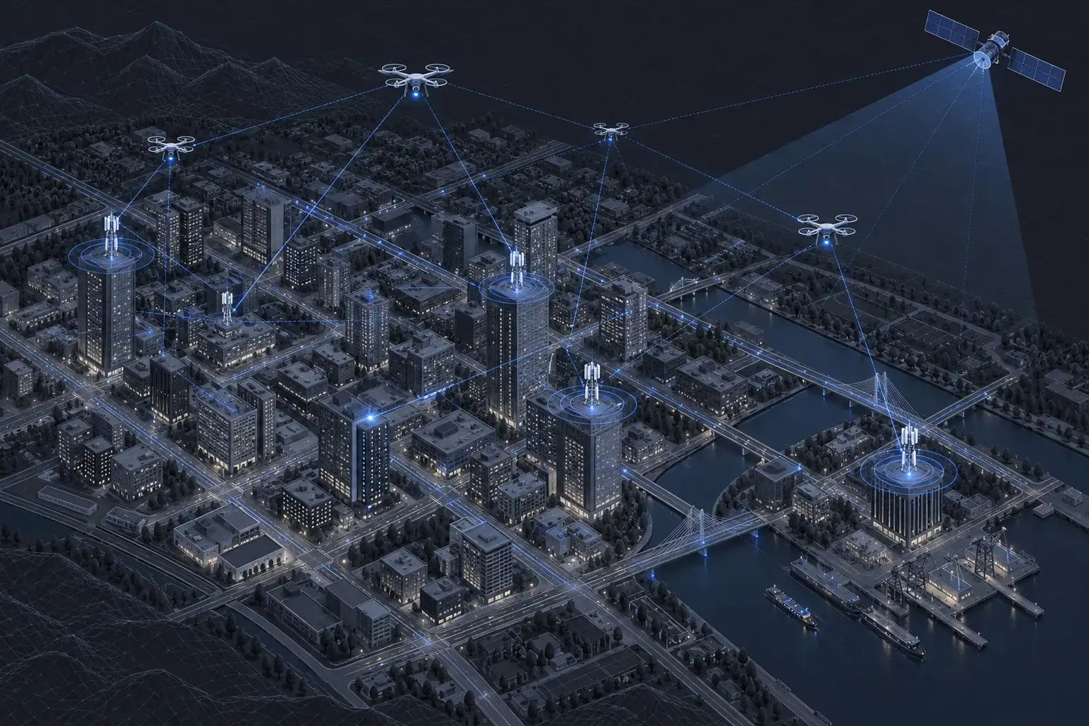 Illustration of an IoD-Sim scenario: drones over a city linked to rooftop 5G base stations and a LEO satellite
