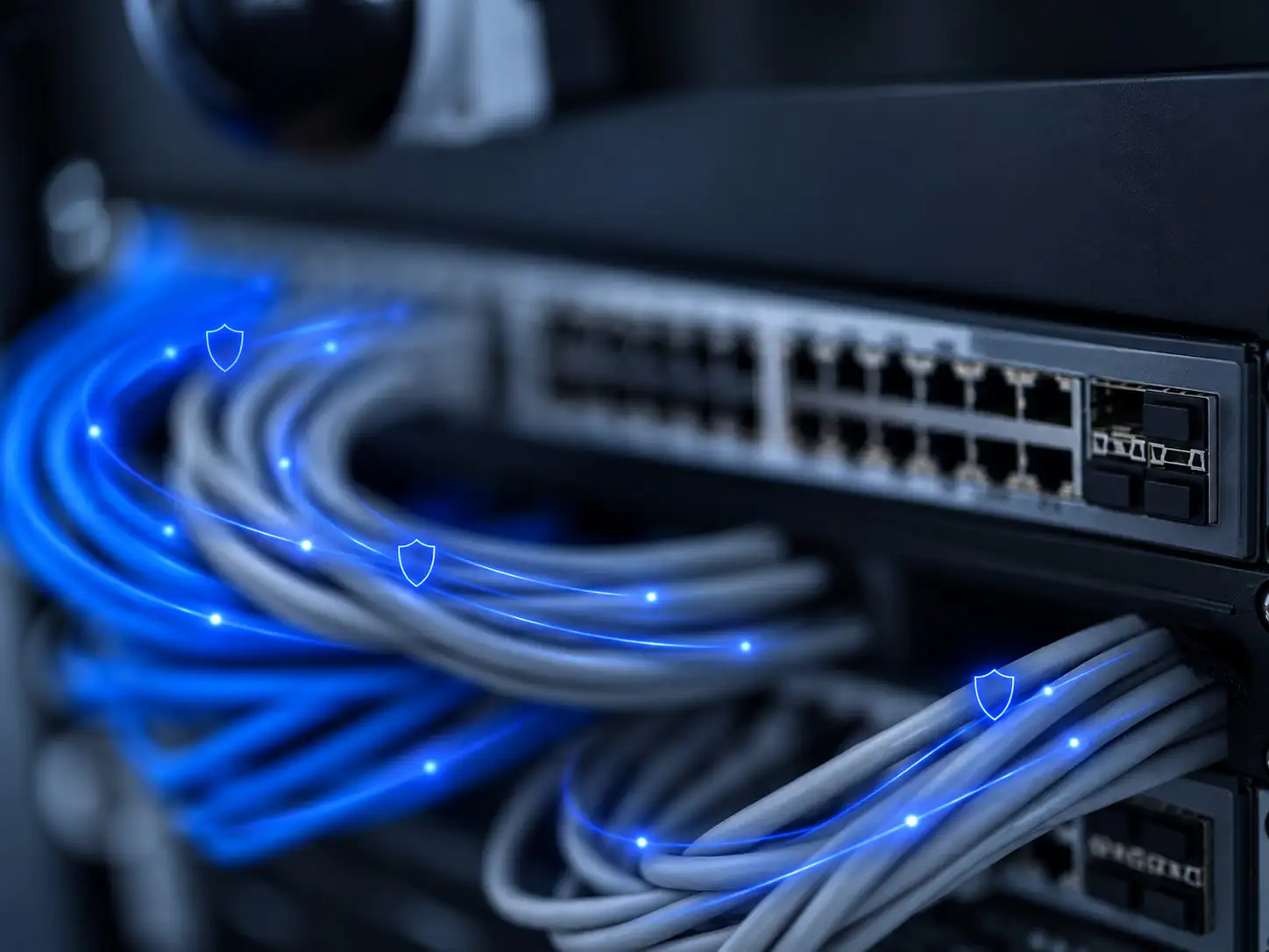 Network switch and patch cables with glowing data paths marked by shield outlines