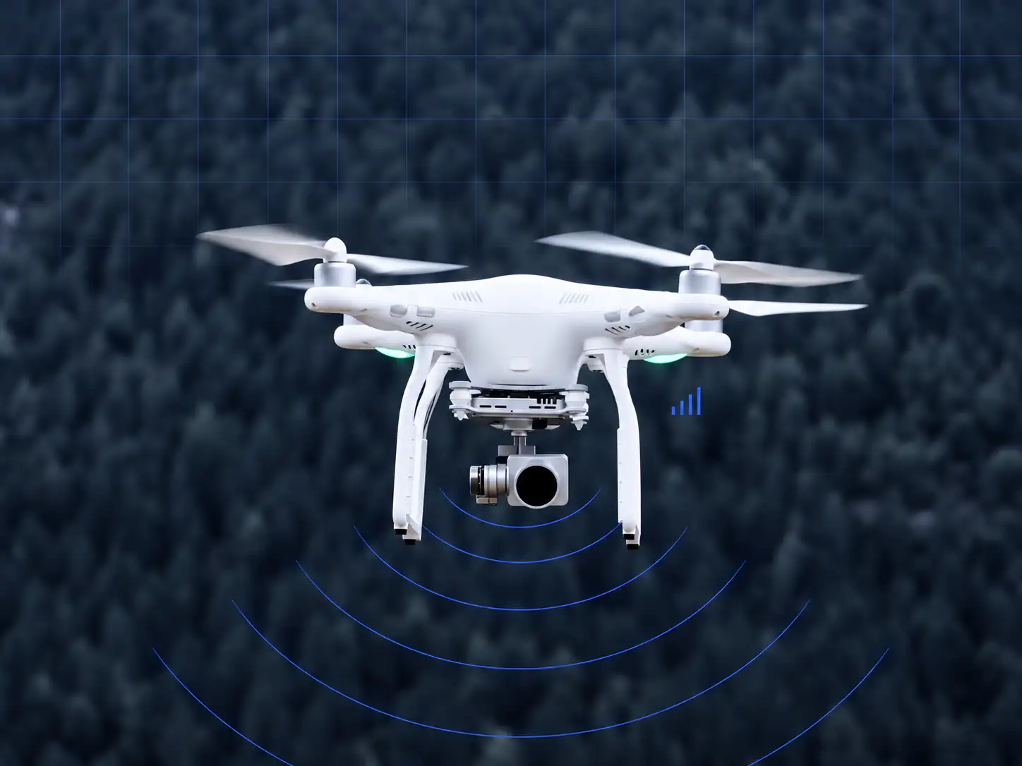 A white quadcopter over a forest with signal arcs showing a live radio link